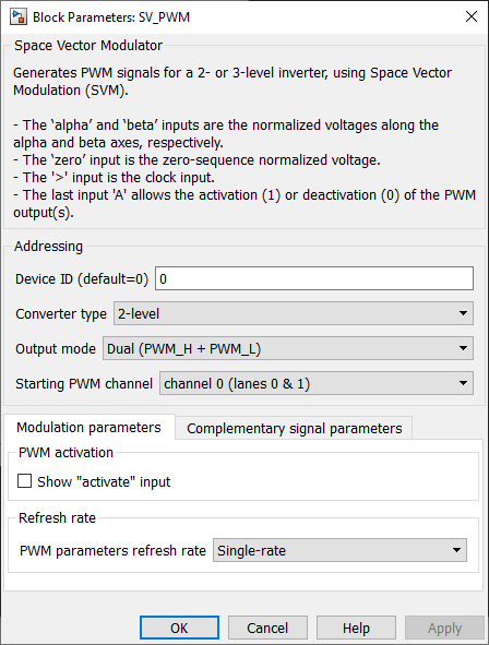 SV-PWM block Simulink dialog parameters modulation