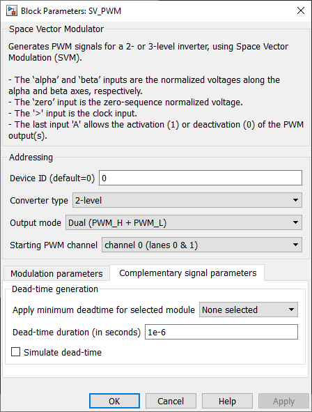 SV-PWM block Simulink dialog parameters complementary signals