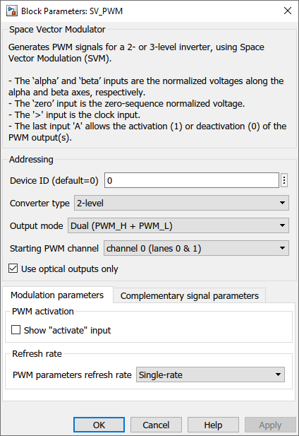 SV-PWM block Simulink dialog parameters modulation