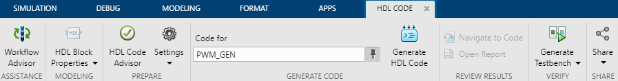 Toolbar of MATLAB HDL Coder