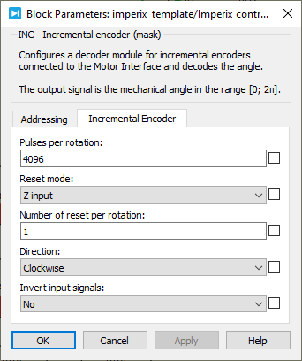 Screenshot of the incremental encoder parameters for the PLECS block (addressing).