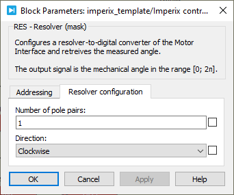 Screenshot of the resolver parameters for the PLECS block (resolver configuration).