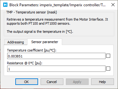 Screenshot of the temperature sensor parameters for the PLECS block (sensor parameter).