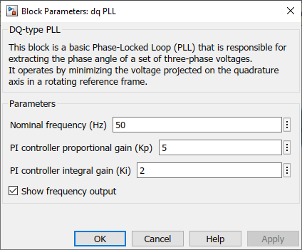 DQ-type PLL Simulink block parameters