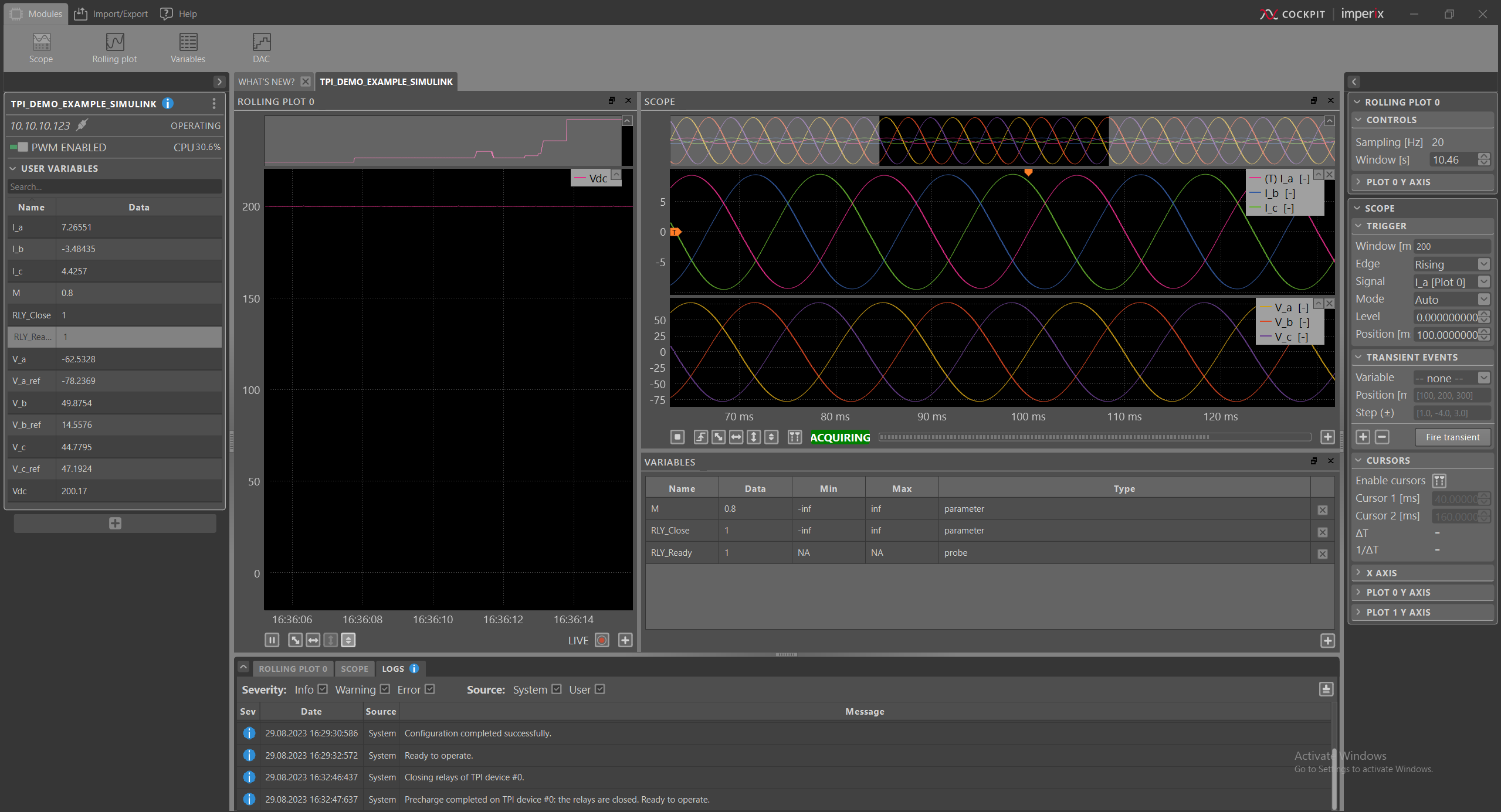 Screenshot of current and voltage waveforms in Cockpit