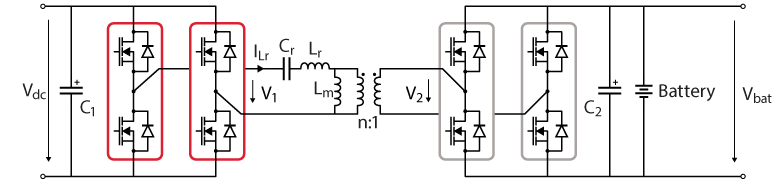 Schematic of an LLC resonant converter with a battery load