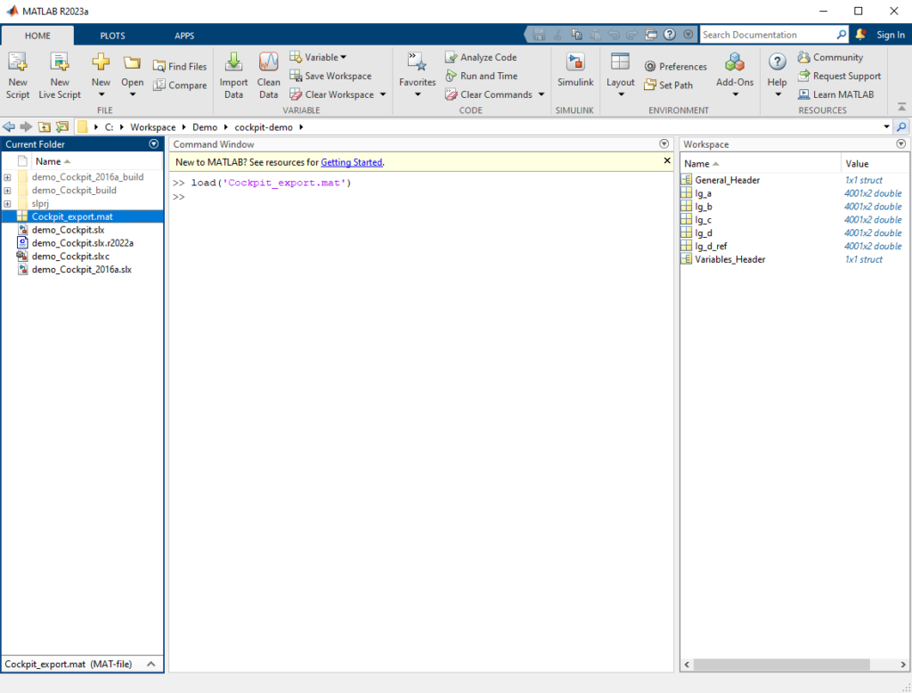 MATLAB interface with an MAT file exported from Cockpit loaded