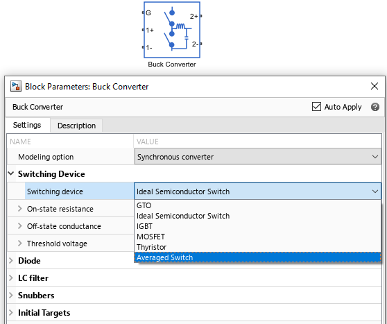 Simscape Electrical average Buck converter