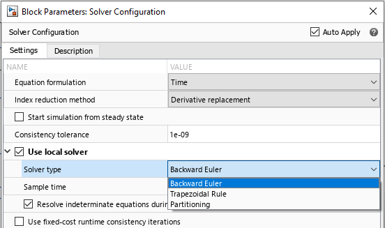 Simscape local solver settings
