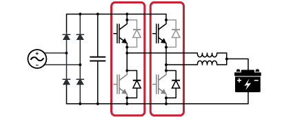 Typical use of two IGBT phase leg modules for building a single-phase IGBT inverter.